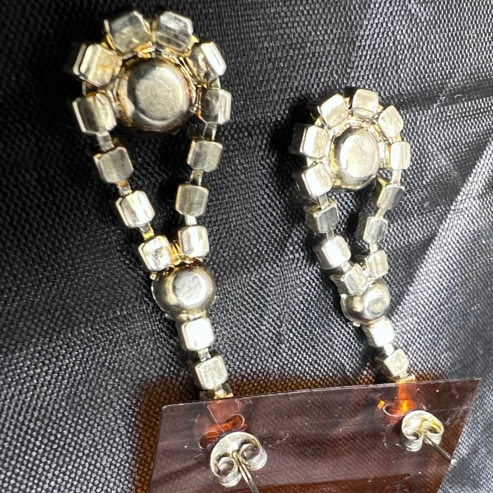 Vtg Rhinestone Dangle Earrings 14KT GF Posts 1.75